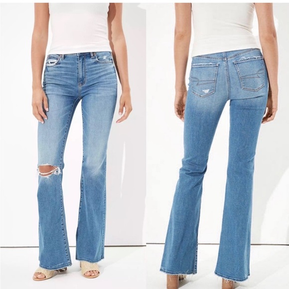NEW American Eagle Outfitters Ripped Super High-Waisted Flare Jeans Size 18 - Picture 1 of 13
